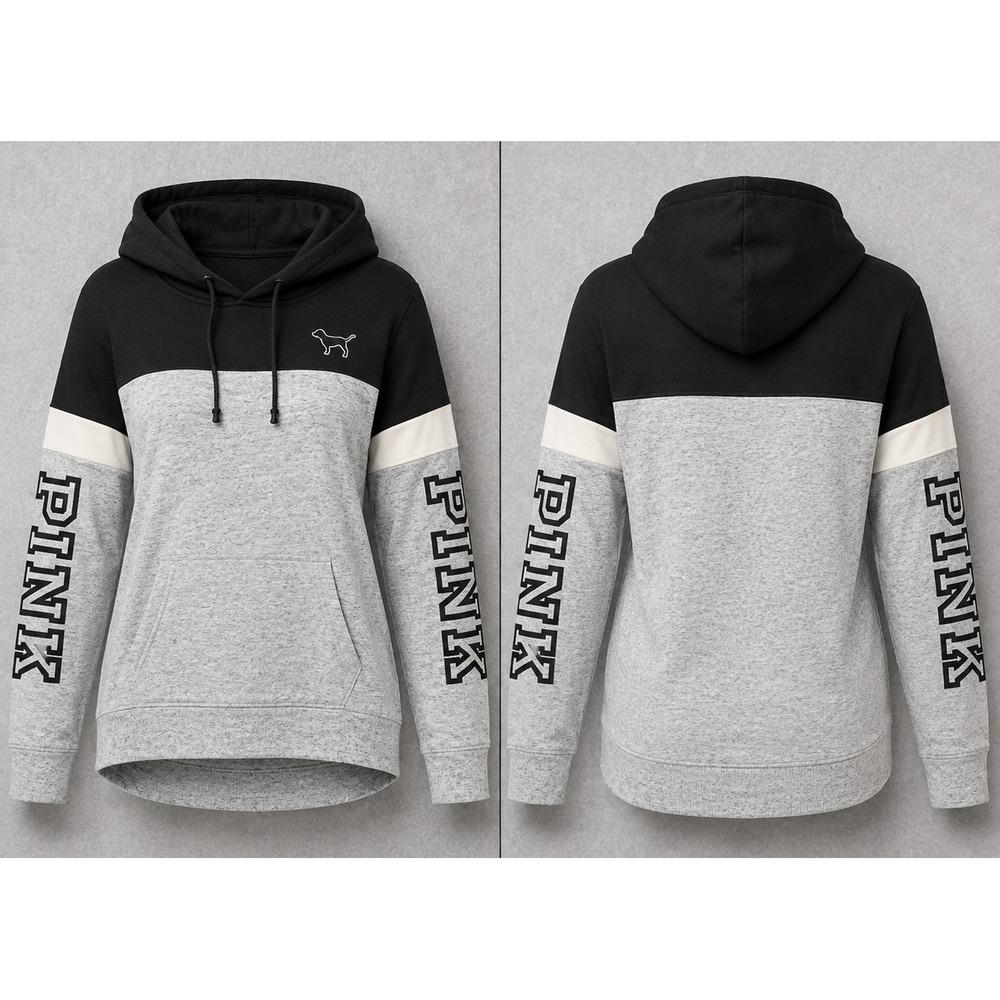 Victoria Secret PINK Hoodie Womens XS Gray Colorblock Logo Lounge Athleisure Y2K